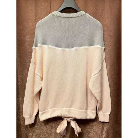 EMPORIO ARMANI リボン付きクルーネックコットンセーター グレー×ピンク 40サイズ