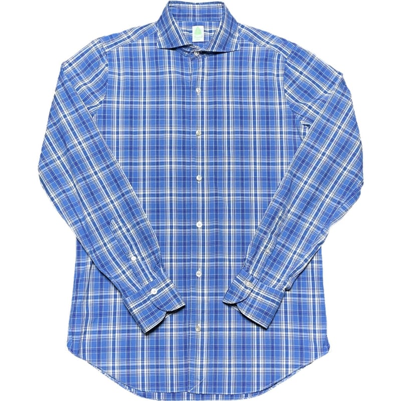 MADE IN ITALY製 Finamore 長袖チェックシャツ ブルー Mサイズ | Ul