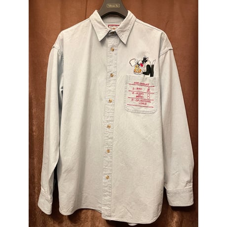 90's LOONEY TUNES CLASSIC WEAR 刺繍入り長袖ダンガリーシャツ ライトインディゴ Mサイズ