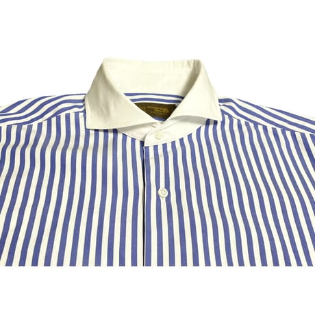 MADE IN JAPAN製 Maker's Shirt KAMAKURA 200番手 クレリック長袖ストライプシャツ ブルー 39-87サイズ