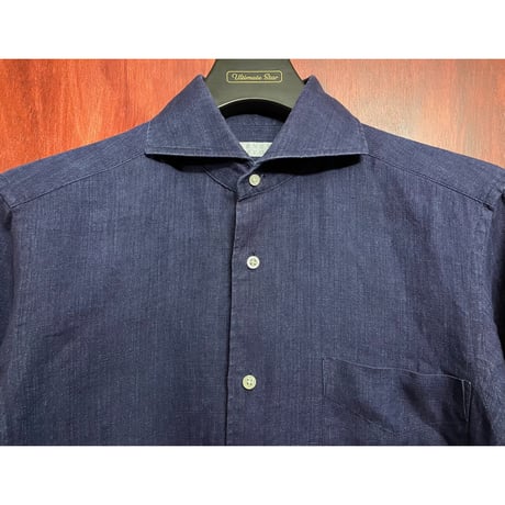 MADE IN JAPAN製 BARNEYS NEWYORK Cotonificio Albini 生地 長袖リネンシャツ ネイビー Sサイズ