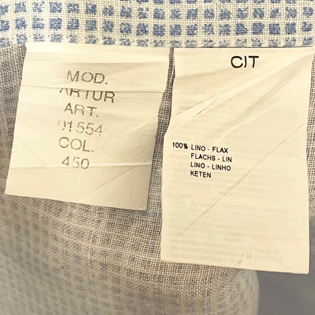 CIT LUXURY チェック柄 長袖ボタンダウンリネンシャツ スカイブルー×ホワイト Mサイズ