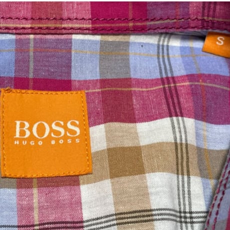 BOSS ORANGE 半袖コットンリネンチェックシャツ ピンク Sサイズ