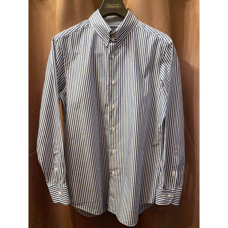 MADE IN JAPAN製 KAMAKURA SHIRTS 長袖ストライプタブカラーシャツ ホワイト×ネイビー