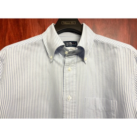 MADE IN JAPAN製 Maker's Shirt 鎌倉 ヒッコリーストライプ柄 長袖ボタンダウンオックスフォードシャツ サックスブルー×ホワイト 43-87サイズ