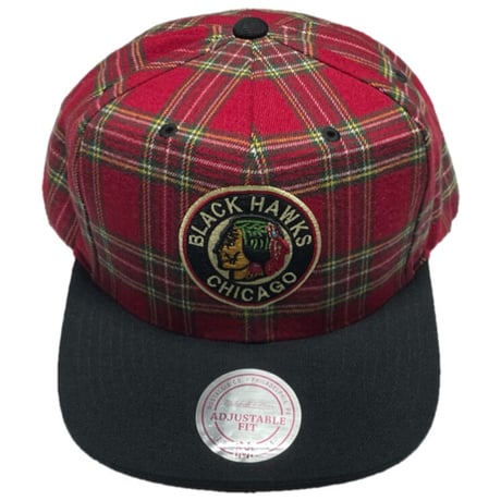 mitchell & ness NHL CHICAGO BLACK HAWKS VINTAGE チェック柄生地スナップバックキャップ 赤チェック Fサイズ