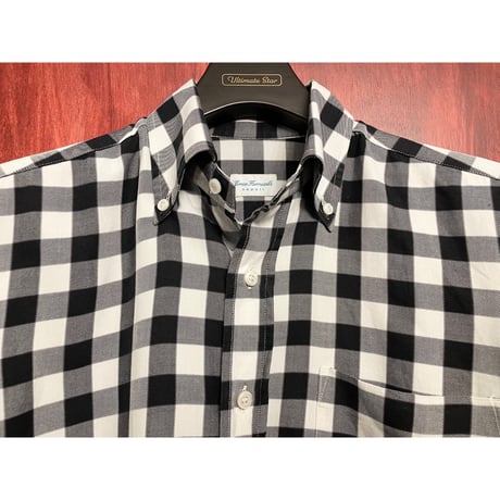 【UNITED ARROWS 取り扱い】 MADE IN ITALY製 Errico Formicola ギンガムチェック柄長袖ボタンダウンシャツ ブラック×ホワイト Sサイズ