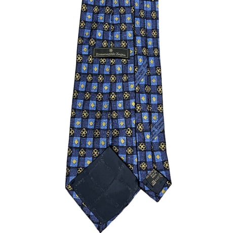MADE IN ITALY製 Ermenegildo Zegna 小紋柄ブロックチェックシルクネクタイ ネイビー