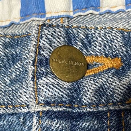 名作 MADE IN JAPAN製 PHENOMENON タイガーカモ切り返しデニムパンツ ライトインディゴ W32サイズ