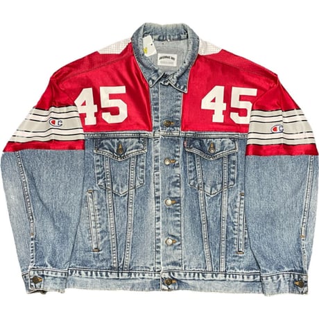 Awesome Boy × ichiryu made REMAKE NFL DENIM JACKET ライトインディゴ×レッド M-Lサイズ