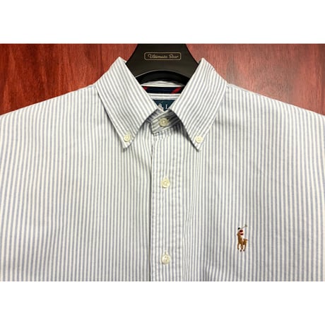 Ralph Lauren CLASSIC FIT ヒッコリーストライプ柄 長袖ボタンダウンオックスフォードシャツ サックスブルー×ホワイト Sサイズ