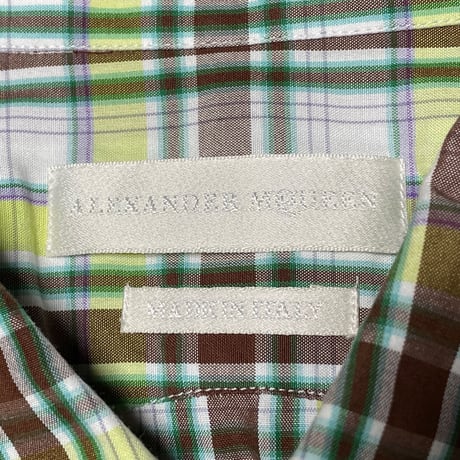 MADE IN ITALY製 ALEXANDER McQUEEN 半袖ボタンダウンチェックシャツ ライムグリーン×ブラウン 44サイズ