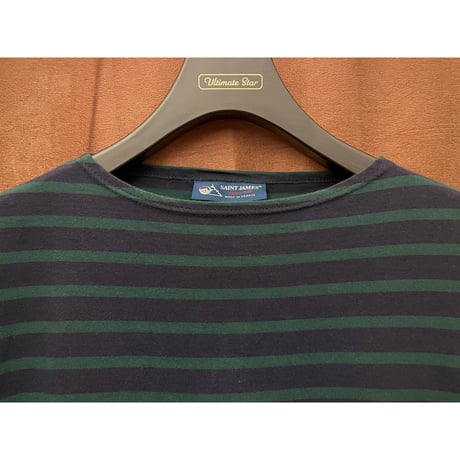 MADE IN FRANCE製 SAINT JAMES クルーネックボーダー柄Tシャツ ネイビー×グリーン SMサイズ