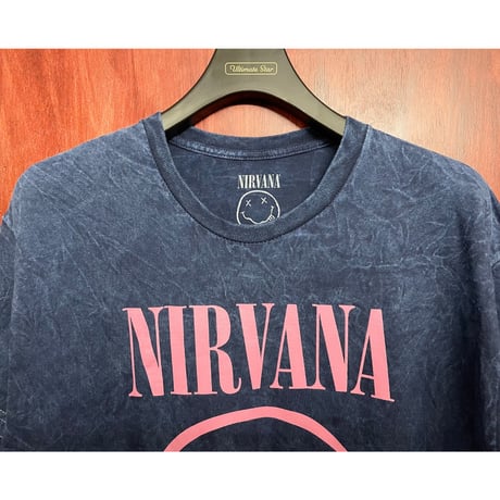 ▲訳あり商品▲ NIRVANA 2023年モデル スマイルマークプリント バンドTシャツ インディゴ Lサイズ