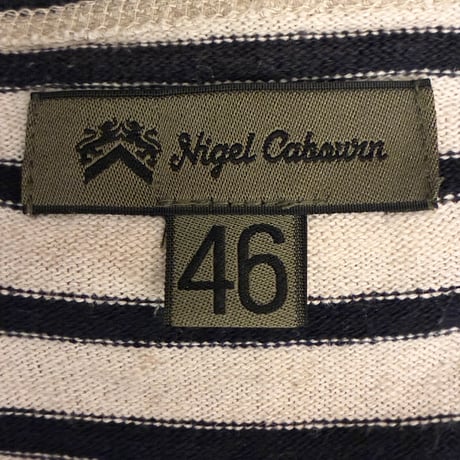 MADE IN JAPAN製 Nigel Cabourn ボーダー柄 コットンリネン ニットTシャツ ベージュ×ネイビー 46サイズ