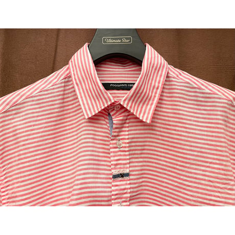 ▲訳あり商品▲ 【BARNEYS NEWYORK 取り扱い】 MADE IN ITALY製 POGGIANTI 1958 長袖ボーダー柄コットンリネンシャツ レッド×ホワイト Mサイズ