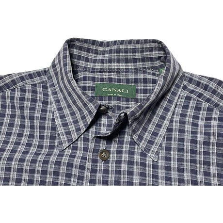 MADE IN ITALY製 CANALI 長袖チェックシャツ ネイビー 37-14 1/2サイズ