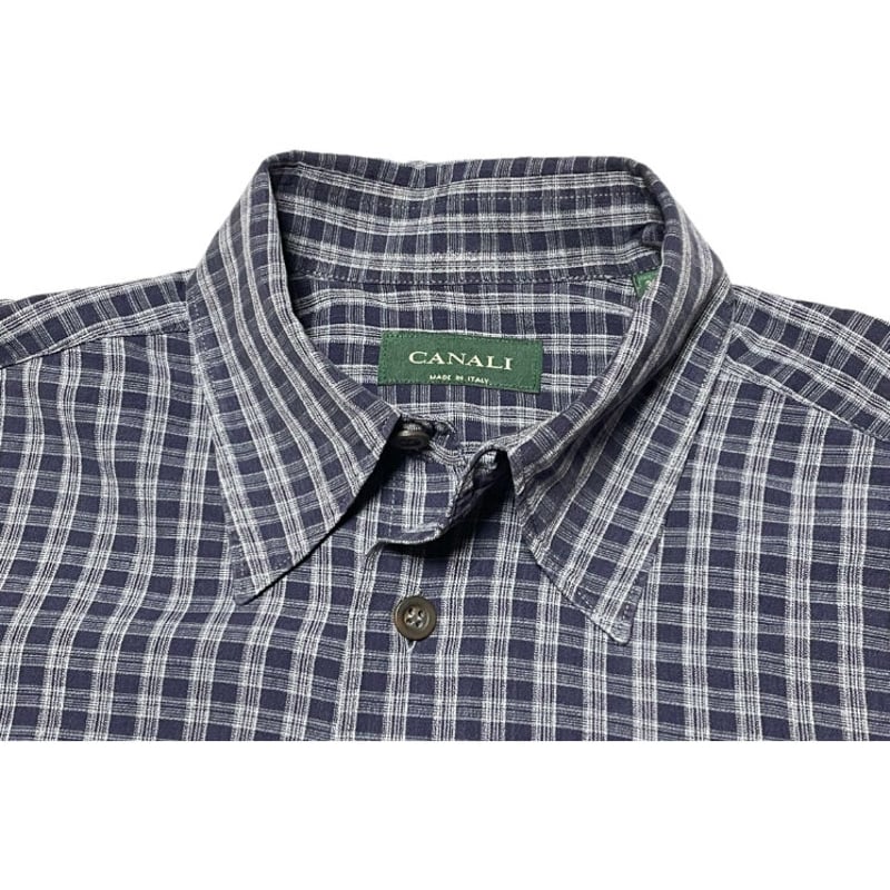 MADE IN ITALY製 CANALI 長袖チェックシャツ ネイビー 37-14 1/2サ...