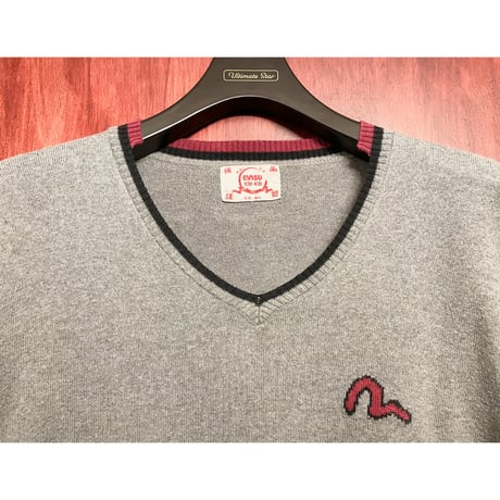 希少 MADE IN ITALY製 EVISU EU・ED ユーロエヴィス Vネックコットンセーター グレー Mサイズ