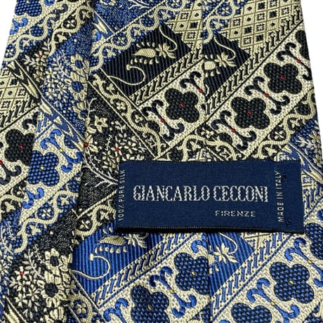 MADE IN ITALY製 GIANCARLO CECCONI ジャガード織り総柄シルクネクタイ ネイビー×ブルー