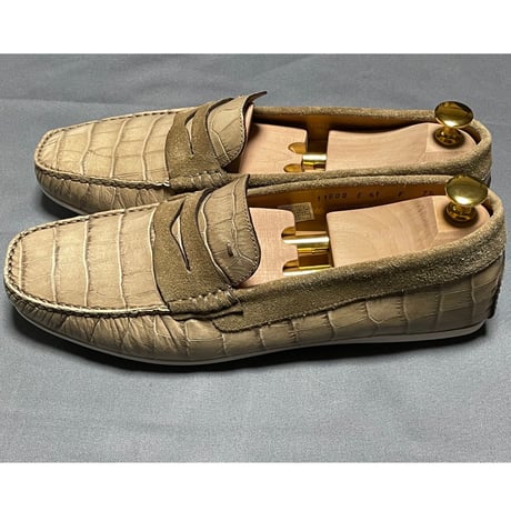 MADE IN ITALY製 SANTONI クロコ型押しローファー ベージュ 7 1/2サイズ