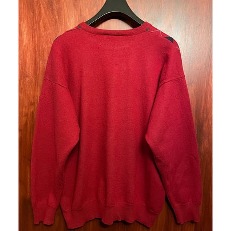 レア品 MADE IN ITALY製 70～80s CHEMISE LACOSTE アーガイル柄 ウールコットンクルーネックセーター レッド Lサイズ