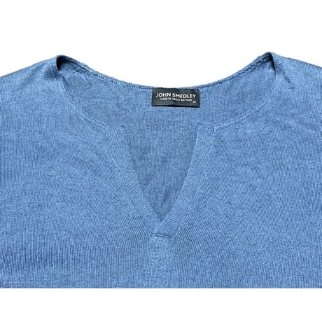 MADE IN GREAT BRITAIN製 JOHN SMEDLEY Vネックコットンセーター ブルー Mサイズ