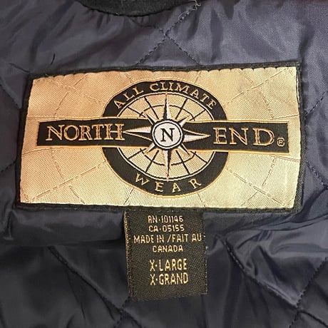 MADE IN CANADA製 90s NORTH END 袖レザースタジアムジャケット ネイビー×ブラウン XLサイズ