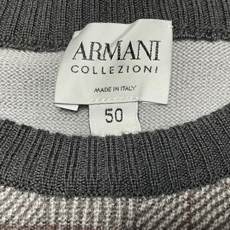 MADE IN ITALY製 ARMANI COLLEZIONI チェック柄クルーネックヴァージンウールセーター グレー 50サイズ