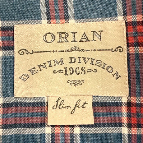 MADE IN ITALY製 ORIAN DENIM DIVISION Slim fit ブロックチェック柄 長袖デニムシャツ インディゴ×レッド 39-15 1/2サイズ