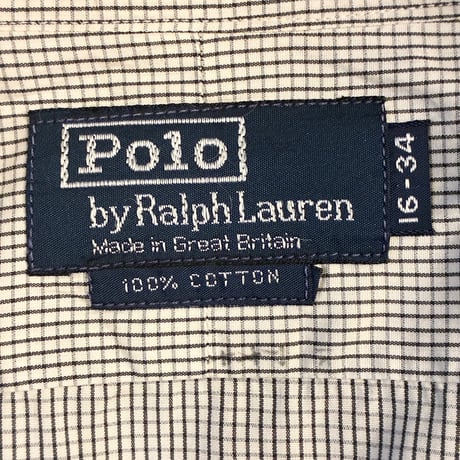 レア MADE IN GREAT BRITAIN製 90s Polo by Ralph Lauren 外タグ ギンガムチェック柄 長袖シャツ ホワイト×ブラック 16-34サイズ