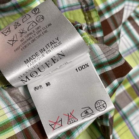 MADE IN ITALY製 ALEXANDER McQUEEN 半袖ボタンダウンチェックシャツ ライムグリーン×ブラウン 44サイズ