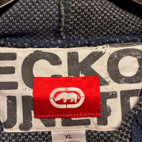 MADE IN KOREA製 ECKO UNLTD. ブロックチェック柄 プルオーバーニットパーカー ネイビー XLサイズ