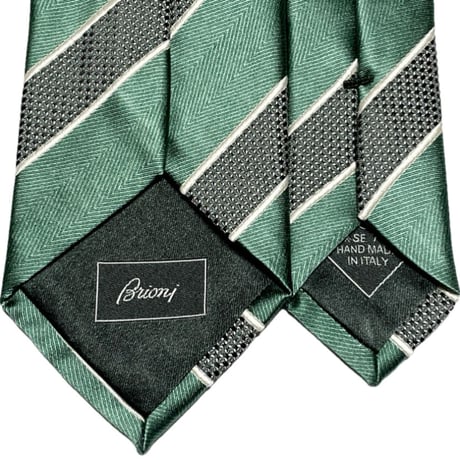 MADE IN ITALY製 Brioni HANDMADEレジメンタルストライプ柄シルクネクタイ グリーン