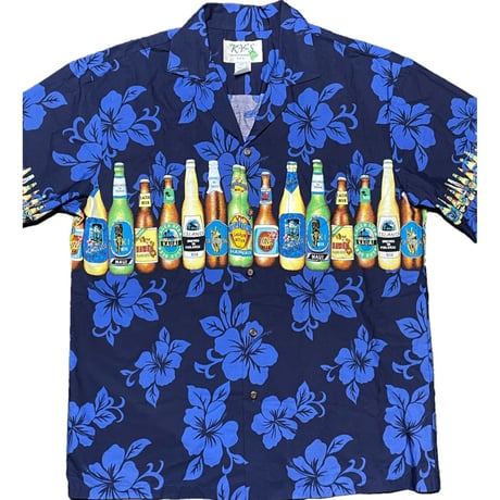 MADE IN HAWAII製 KY'S ビール柄アロハシャツ ネイビー Mサイズ