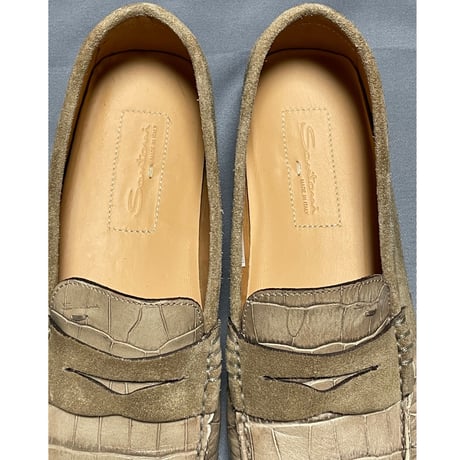 MADE IN ITALY製 SANTONI クロコ型押しローファー ベージュ 7 1/2サイズ