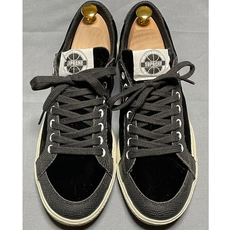 MADE IN ITALY製 Pantofola d'Oro SUPREMEライン ベルベット×型押しレザー ハンドメイドローカットスニーカー ブラック 43サイズ