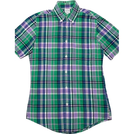 BROOKS BROTHERS チェック柄半袖ボタンダウンシャツ グリーン×パープル Ｓサイズ