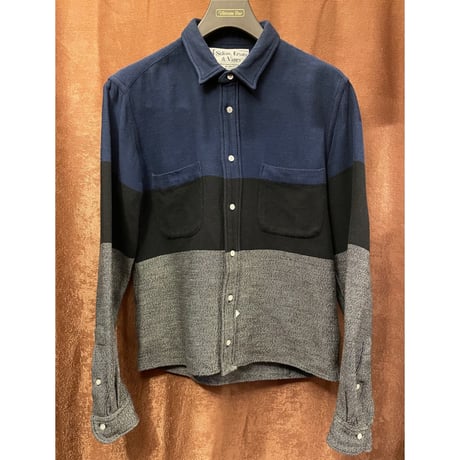 【TOMORROWLAND取り扱い】Sidian,Ersatz & Vanes 長袖切り替えタックアウトシャツ ネイビー×ブラック×グレー S/38-15サイズ