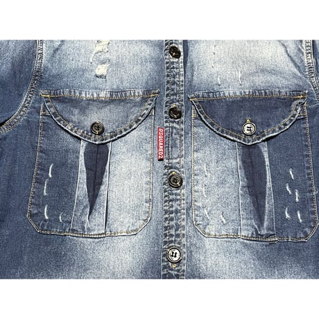 MADE IN ITALY製 DSQUARED2 ダメージ加工デニムシャツ ライトインディゴ 46サイズ
