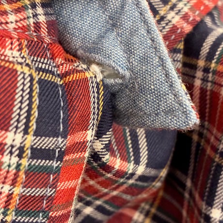 MADE IN JAPAN製 MISTERGENTLEMAN チェック柄×ダンガリー ドッキング長袖ボタンダウンシャツ マルチカラー×ライトインディゴ Sサイズ