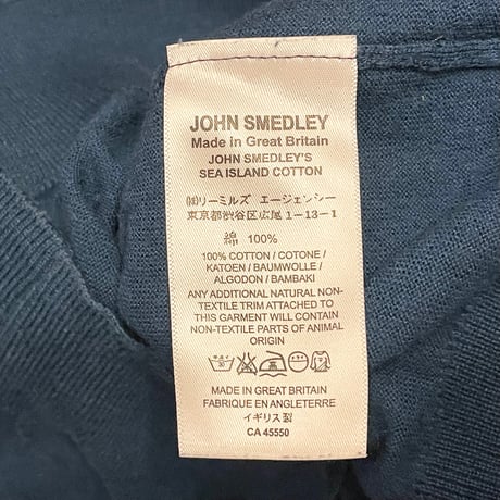 MADE IN GREAT BRITAIN製 JOHN SMEDLEY ツートンカラークルーネックコットンセーター ネイビー×エンジ Mサイズ