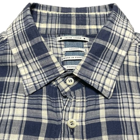 MADE IN ITALY製 JACOB COHEN 長袖コットンリネンチェックシャツ ネイビー 40/15-3/4サイズ