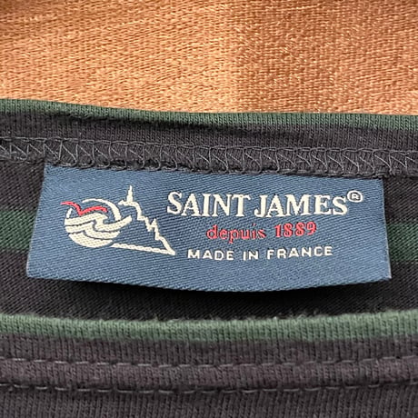 MADE IN FRANCE製 SAINT JAMES クルーネックボーダー柄Tシャツ ネイビー×グリーン SMサイズ