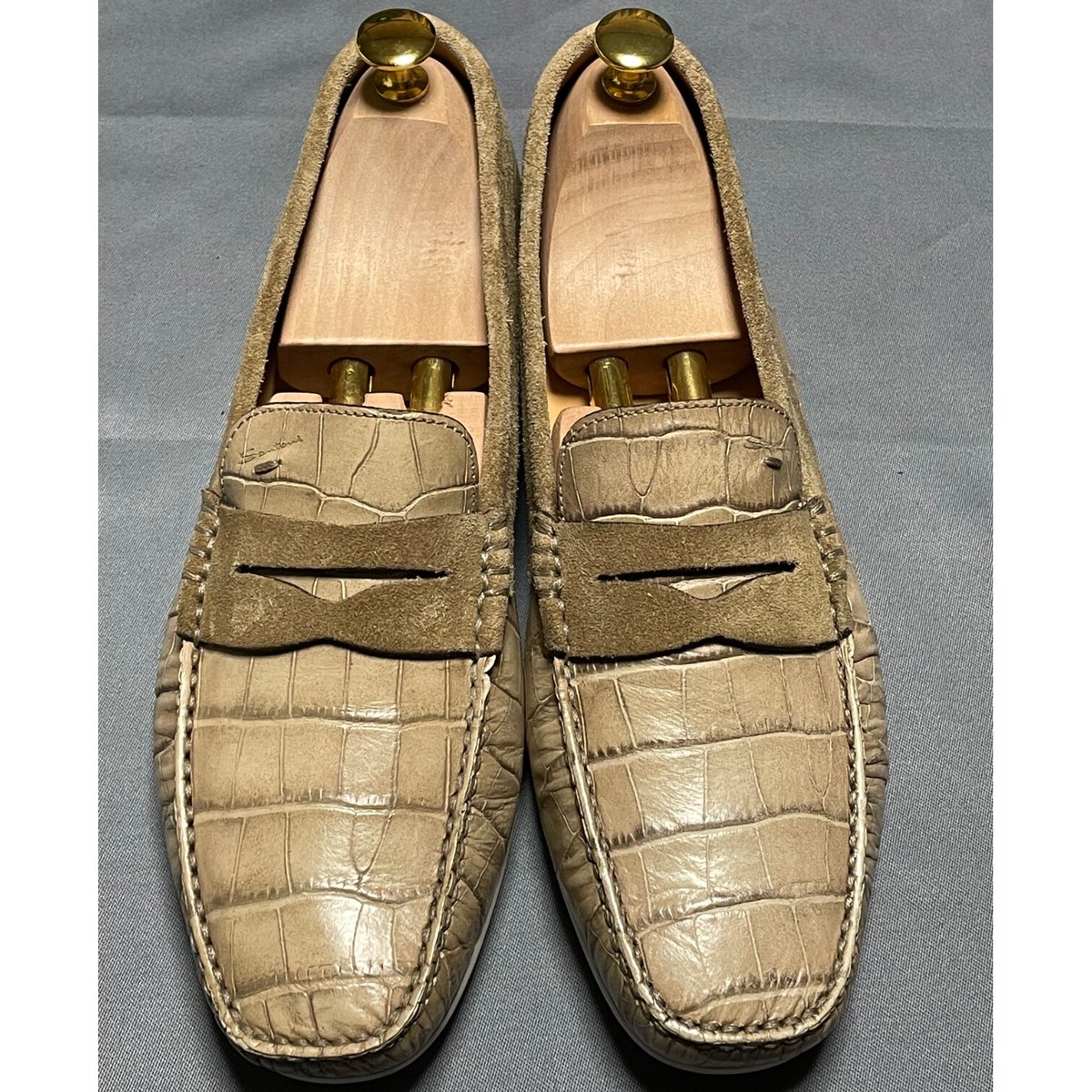 MADE IN ITALY製 SANTONI クロコ型押しローファー ベージュ 7 1/2サイ