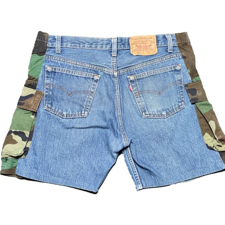 リメイク品 Levi's 501 デニム×迷彩カーゴハーフパンツ ライトインディゴ×迷彩