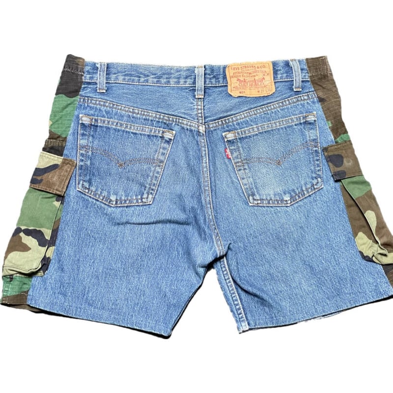リメイク品 Levi's 501 デニム×迷彩カーゴハーフパンツ ライト リメイク品 Levi's 501 デニム×迷彩カーゴハーフパンツ ライト