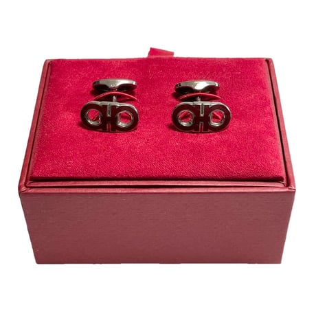 専用BOX付き MADE IN ITALY製 Salvatore Ferragamo ロゴデザインカフリンクス レッド×シルバー