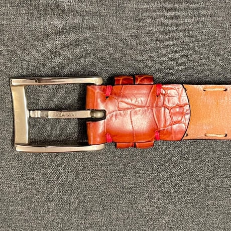 HANDMADE IN ITALY製 Giorgio Zoni 型押しハンドメイドレザーベルト レッドブラウン 75サイズ