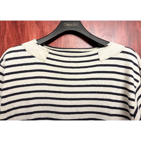 MADE IN JAPAN製 Nigel Cabourn ボーダー柄 コットンリネン ニットTシャツ ベージュ×ネイビー 46サイズ